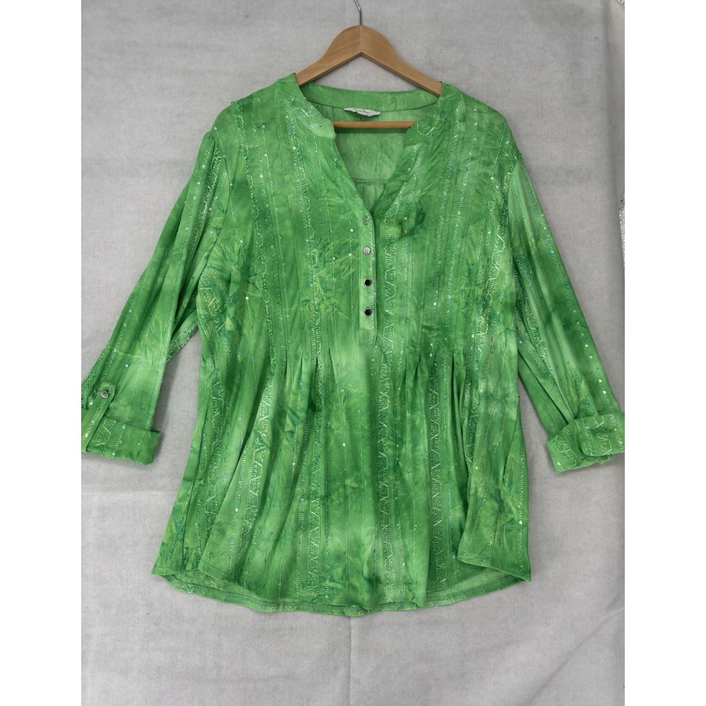 Carol Bay Woman 1X Green Tie Dye Shirt 3/4 Sleeve Sequins V-neck Boho Whimsy